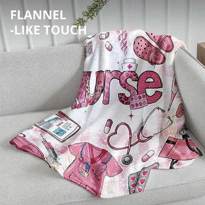 Pink Nurse Blanket, Coquette Pink Print Throw Blankets for Office Home Bedroom Living Room Couch Decor, Nurse Appreciation Gifts for Women, Nursing Gifts, 50x60 Inch