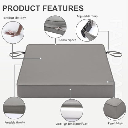 Favoyard Patio Chair Cushions 18.5 x 16 x 3 Inch Waterproof Outdoor Seat Cushions for Patio Furniture 3-Year Color Fastness Garden Sofa Couch Chair Pads with Handle & Adjustable Straps Set of 2, Grey