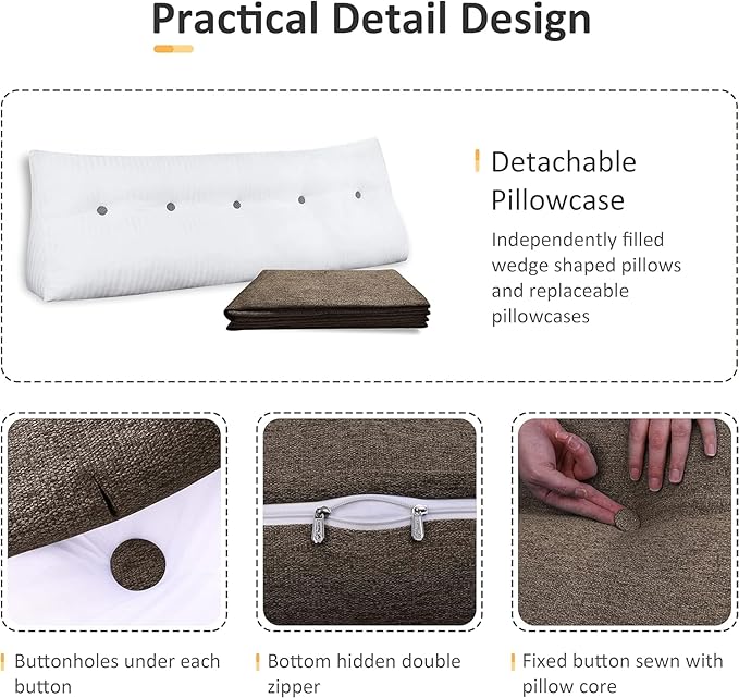 Wedge Headboard Pillow Dorm Room Reading Pillow Back Support for Sitting Up in Bed Bolster Lumbar Cushion Body Positioning Bedrest Cotton Linen 54in Coffee Full