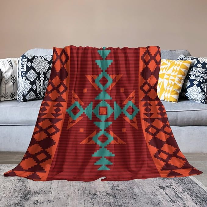 Aztec Throw Blanket, Red Native Southwestern Boho Blanket for Couch Bed Chair Outdoor Travel 40"x50"