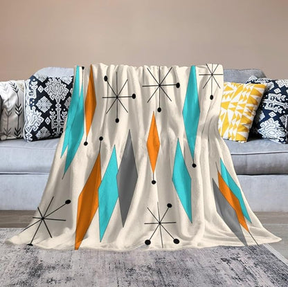 Mid Century Flannel Throw Blankets, Mid Century Modern Geometric Atomic Shapes Orange Retro Style Boho Print Blanket for Bed Couch Sofa Fuzzy Tv Throws 40"x50"