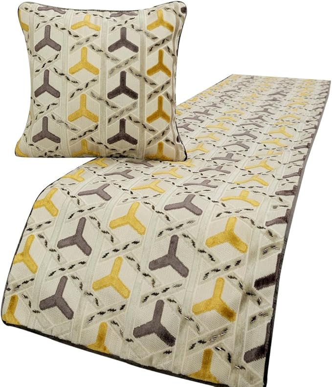 The HomeCentric King/Queen/Twin Grey & Yellow Designer Queen 74"x18" Bed Runner with 2 Pillow Cover, Beaded Bed Scarf on Velvet Fabric - Tripod