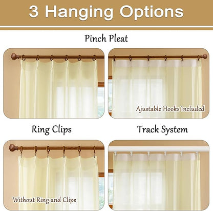 MAIHER Beige Pinch Pleated Curtains 100 Inches Long for Living Room Sheer Pleated Drapes with Ajustable Hooks Soft Touch Light Filtering Voile Curtains for Bedroom, Beige, 42" W x 100" L, 2 Panels