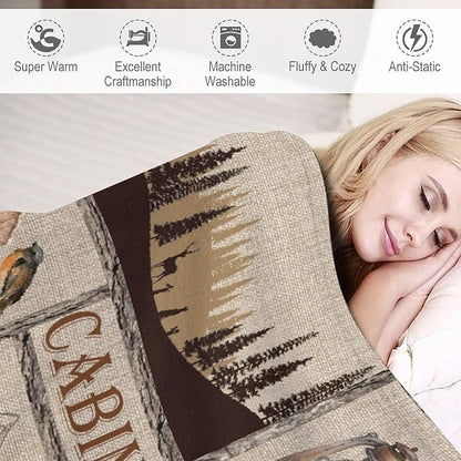 Rustic Cabin Bear Blanket, Lake Country Lodge Bear Deer Forest Farmhouse Camp Print Soft Warm Cozy Lightweight Decorative Blanket for Couch Bed Sofa Travel, 30"x40"