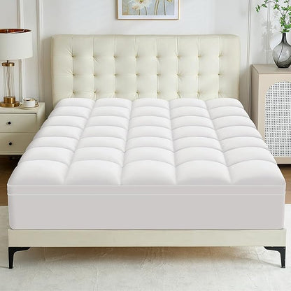 Queen Mattress Topper - Extra Thick Mattress Pad Cover - Pillow Top with Soft Breathable Spiral Fiber Filling, 8-21 Inch Deep Pocket, Cooling, White