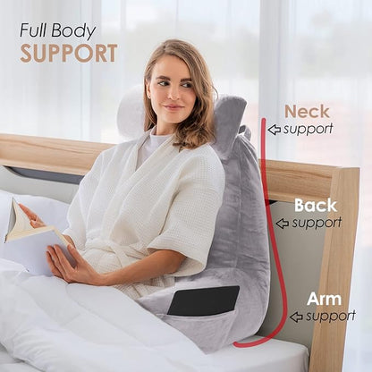 Nestl Reading Pillow with Shredded Memory Foam Includes 2 Neck and Lumber Support Pillows, Designed for Sitting Up in Bed and Couch, Back and Arms Adjustable Support for Adult & Teens, Grey Lavender