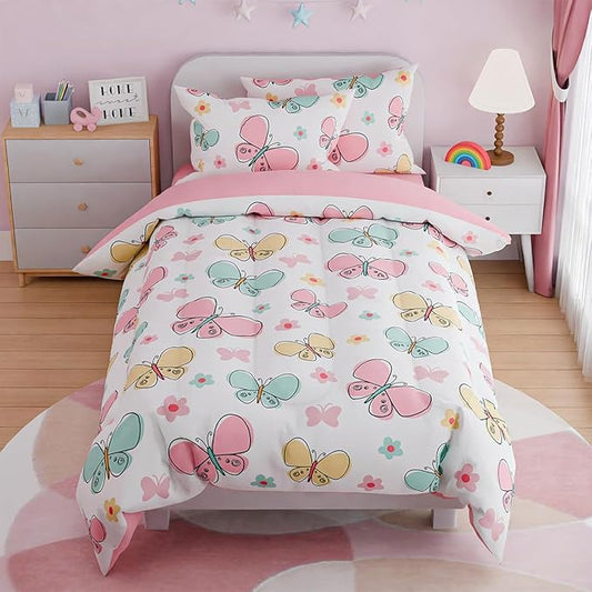 SANDJEST Butterfly Twin Bedding Sets for Girls, Ultra Soft Microfiber Comforter Set with 3-Pieces, Bed Sets for Kid Tween Teen Bedroom Decor
