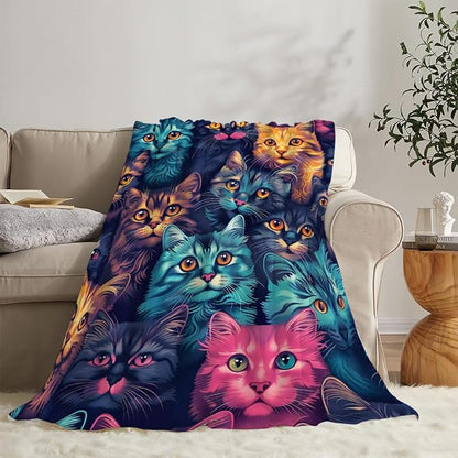 Funny Colorful Cat Print Blanket Kawaii Kitty Animal Throw Blankets Gifts for Couch Sofa Bed Stuff Decor Soft Cozy Fleece Plush Warm Flannel Bedding for Lover Men Women 60"x80"
