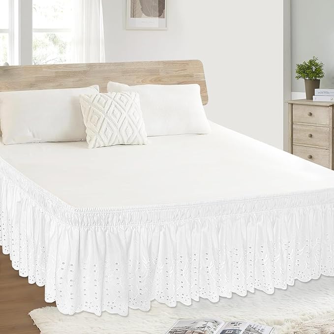 Queen Bed Skirt, Wrap-Around Elastic Ruffled Eyelet Bed Skirt Queen Size Dust Ruffle with Gathered Styling and Embroidered Details, 18" Drop Length (White)