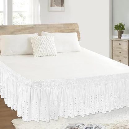 Queen Bed Skirt, Wrap-Around Elastic Ruffled Eyelet Bed Skirt Queen Size Dust Ruffle with Gathered Styling and Embroidered Details, 18" Drop Length (White)