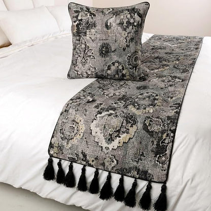 The HomeCentric Luxury Black & Grey Queen 74 x 18 inch Bed Runner with Pillow Cover, Velvet Damask with Tassels Bed Scarf, Abstract Modern - Paved Damask