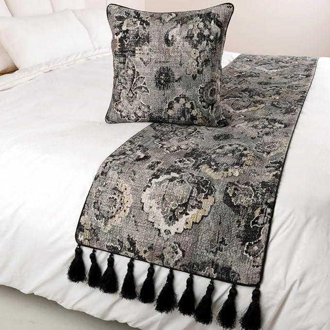 The HomeCentric Decorative Black & Grey CA King 86 x 18 inch Bed Runner with Matching Pillow Cover, Velvet Damask with Tassels Bed Scarf, Abstract Modern - Paved Damask