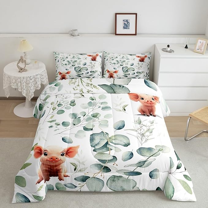 Erosebridal Kawaii Pig Twin Size Comforter Set for Boys Girls Cartoon Animal Bedding Set, Eucalyptus Leaves Down Comforter Farm Wildlife Bed Set, Tropical Botanical Plants Quilted Duvet