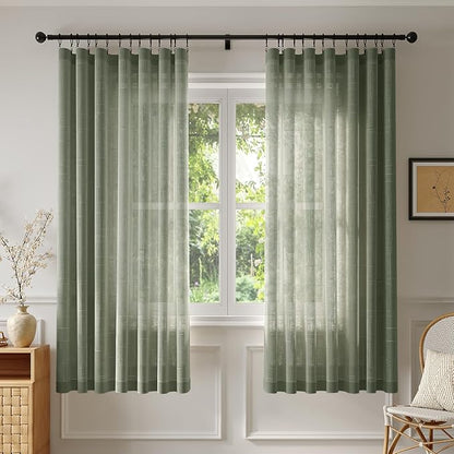 Anmao Natural Linen Curtains for Living Room 72 Inch Length 2 Panels Set, Light Filtering Semi Sheer Window Curtain Drapes for Bedroom with Curtain Rings and Clips, 52Wx72L, Olive Green