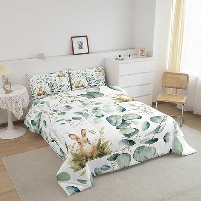 Erosebridal Girls Kawaii Animal Queen Size Comforter Set Cute Rabbit Bedding Set, Cartoon Wildlife Down Comforter Green Leaf Bed Set, Spring Garden Plant Quilted Duvet Child Kids Bedroom Decor
