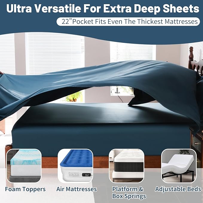Extra Deep Pocket Queen Sheets 18-24 Inch 100% Egyptian Cotton 1000 Thread Count Sateen Weave Soft Breathable 4 Pieces（Queen,Navy）