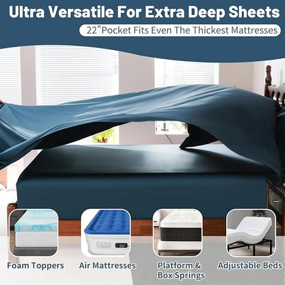 Extra Deep Pocket Queen Sheets 18-24 Inch 100% Egyptian Cotton 1000 Thread Count Sateen Weave Soft Breathable 4 Pieces（Queen,Navy）
