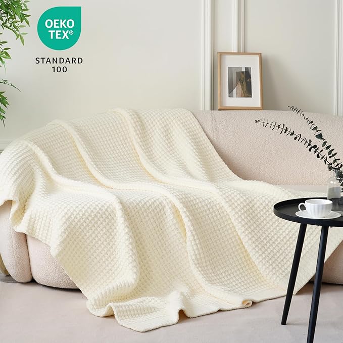PHF Chenille Waffle Knit Blanket Twin Size- Plush Warm & Cozy 60" x 80" Ultra Soft Blanket- Chunky Fluffy Waffle Bedding for Home Decor - Cream