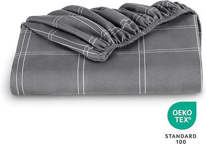 Bare Home Fitted Bottom Sheet Queen - Premium 1800 Microfiber - Ultra-Soft Wrinkle Free - Deep Pocket - Queen Fitted Sheet (Queen, Modern Plaid - Grey/White)
