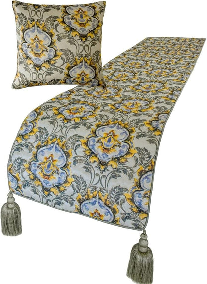 The HomeCentric King/Queen/Twin Grey Decorative King 90"x18" Bed Runner with Pillow Cover, Quilted, Damask & Tassels Bed Scarf on Jacquard Fabric - Damask Blaze