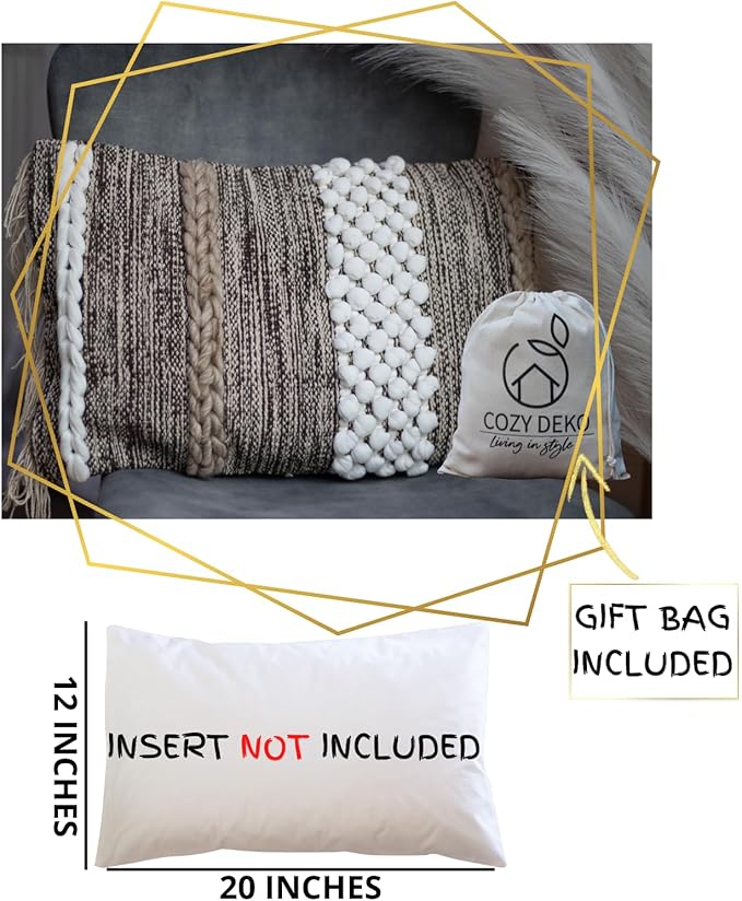 Decorative Boho-Chic Lumbar Pillow Cover 12x20 Premium Handwoven Tufted Cotton &Wool Accent Pillows, Earthy Color Throw Cushion, Farmhouse & Bohemian Home Decor (Limited Edition Cover Only)