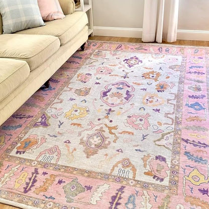 Fame Rugs Pink Beige Modern Oushak Rug 2x3, Vintage Doormat Turkish Colorful Oriental Antique Inspired Washable Small Area Rug, Luxury Living Room Bedroom (390PP, 2' x 3')