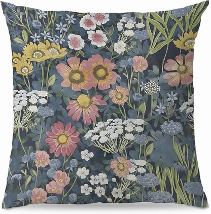 Blue Boho Floral Pillow Covers 18x18 - Vintage Bohemian Decorative Throw Pillow Covers Pillowcases for Living Room Bedroom, Floral Outdoor Pillow Covers, Cottagecore Room Decor (Double-Sided)