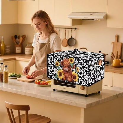 Microwave Oven Cover with Storage Pockets Waterproof Toaster Oven Dust Cover Universal Kitchen Appliance Protector, Cartoon Highland Cattle Sunflower Cow Print, M