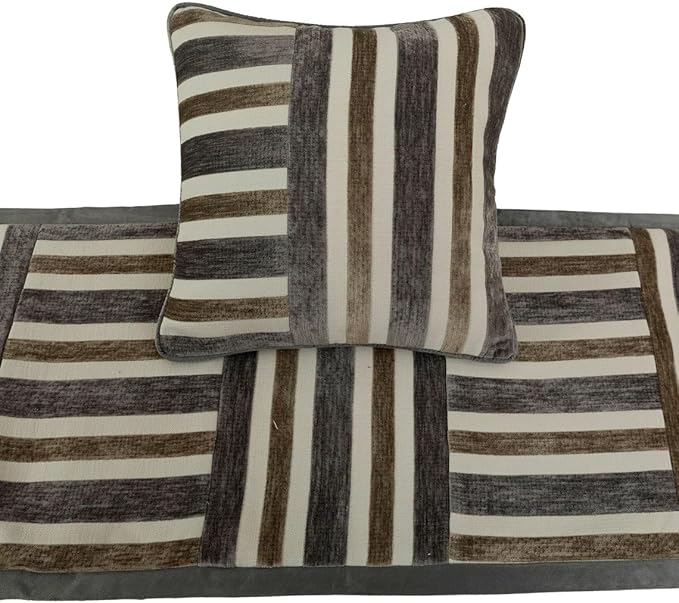 The HomeCentric King/Queen/Twin Beige & Grey Decorative Queen 74"x18" Bed Runner with Pillow Cover, Patchwork Bed Scarf on Velvet Fabric - Striation