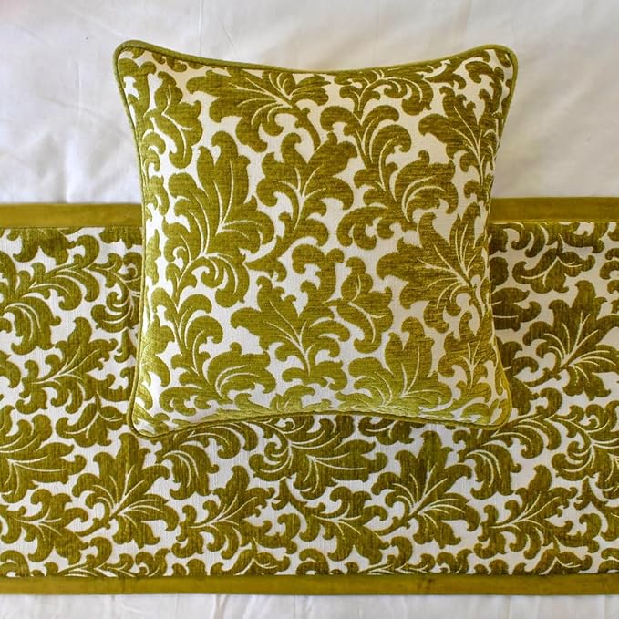 The HomeCentric King/Queen/Twin Chartreuse Designer Queen 74"x18" Bed Runner with Pillow Cover, Velvet, Floral Pattern Bed Scarf on Velvet Fabric - Enchanted Chartreuse