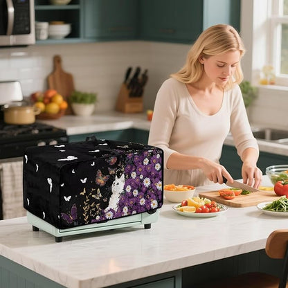 Toaster Oven Cover with Side Pockets, Dustproof Smart Microwave Convection Oven Cover with Handle, for Kitchen Decor, L, 18.5" x 22.5" x 13", White Cat Violet Daisy Butterfly Black
