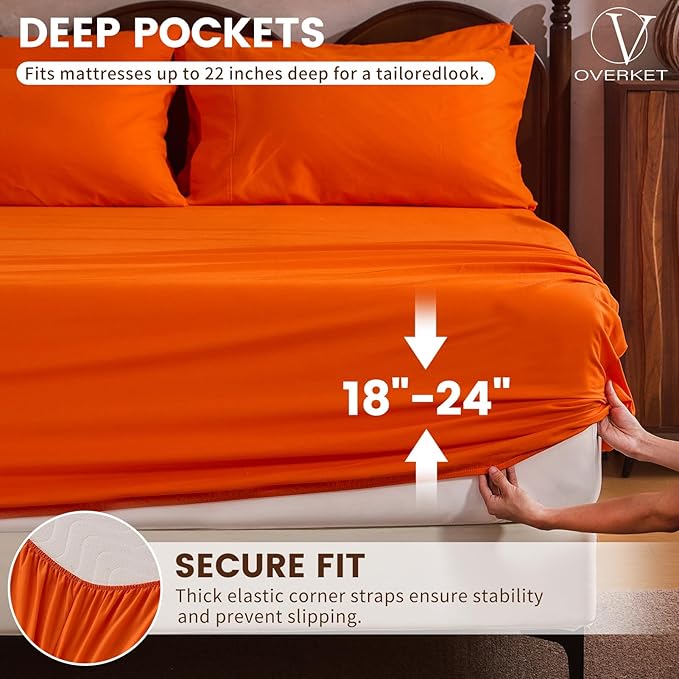 100% Linen Sheet Set Queen Size Extra Deep Pocket Fits 18-24 Inch Mattress, Breathable & Soft, Smooth 6-Piece Set for Thick Mattresses Hotel Luxury Bedding（Queen, Orange）