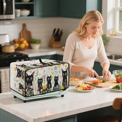 Countertop Microwave Oven Cover with Side Pockets, Dust Protection Small Appliance Toaster Ovens Dust Cover, M, 16.5 x 20.5 x 10 Inches, Cartoon Black Cat Daisy Flower