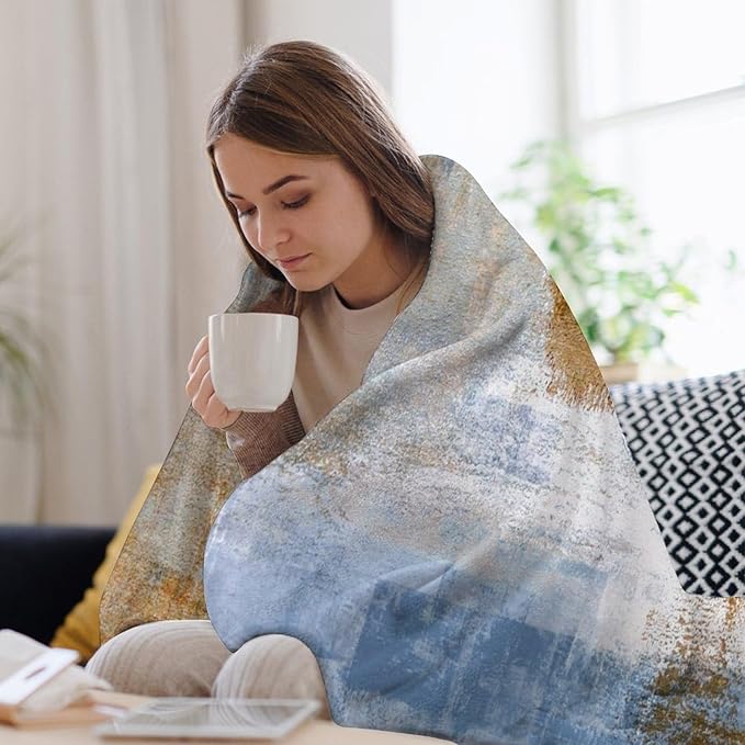 Abstract Gradient Blanket, Modern Fashion Art Blue Brown Painting Strokes Pattern Soft Warm Cozy Plush Flannel Covers for Livingroom Bedroom Couch Chair Camping Travel Home Decor Tapestry 40x50in