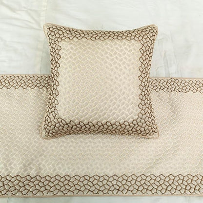 The HomeCentric King/Queen/Twin Ivory & Gold Designer Queen 74"x18" Bed Runner Without Pillow Cover, Mosaic & Beaded Bed Scarf on Jacquard Fabric - Tessellation