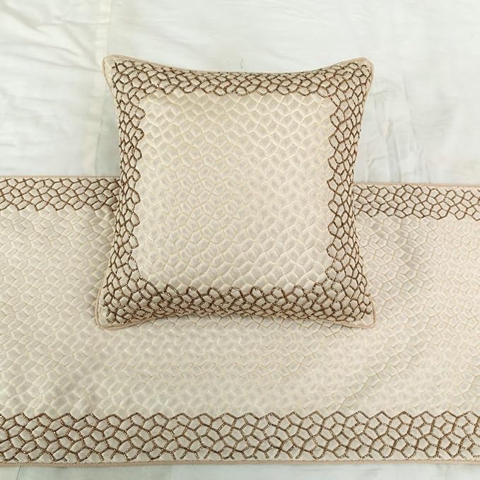 The HomeCentric King/Queen/Twin Ivory & Gold Decorative King 90"x18" Bed Runner Without Pillow Cover, Mosaic & Beaded Bed Scarf on Jacquard Fabric - Tessellation