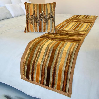 The HomeCentric King/Queen/Twin Gold & Brown Decorative CA King 86"x18" Bed Runner Without Pillow Cover, Striped, Beadwork & Handmade Bed Scarf on Velvet Fabric - Streamlined