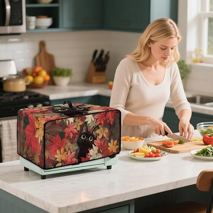 Cat Maple Leaf Print Toaster Oven Dust Cover with Storage Pockets Autumn Decor Dust-Proof Kitchen Appliance Protector for Small Appliances Convection Ovens Fall Decor, L