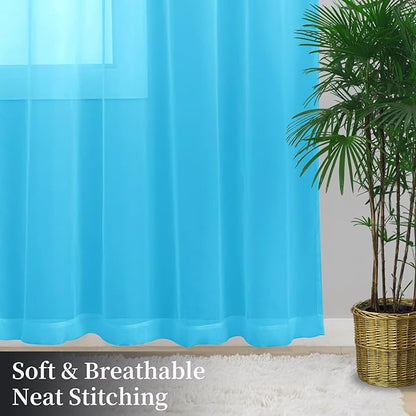Sheer Curtains 72 Inches Long 2 Panels, Rod Pocket Short Curtain for Kitchen, Bedroom, Cafe Window(Cyan Blue 38" W x 72" L)