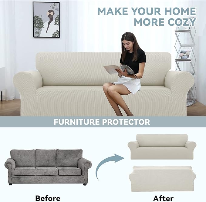 LURKA Stretch Oversized Sofa Slipcovers 1 Piece Couch Covers for 3 Cushion Couch Sofa Furniture Protector Full Sofa Covers with Elastic Bottom for Kids and Pet (X-Large, Ivory)