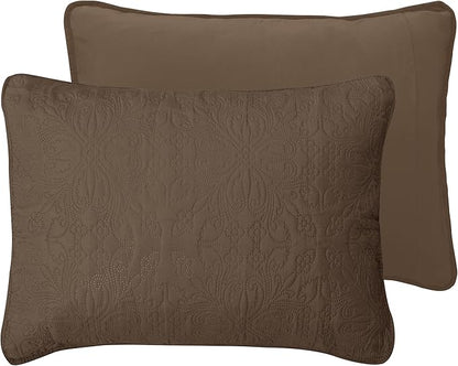 Easy-Going King Size Reversible Quilt Set with 1 Quilt and 2 Pillow Shams, Soft Bed Quilt Cover, Water Resistant Lightweight Microfiber Bedspread, Stain Resistant, Damask-Camel/Ivory