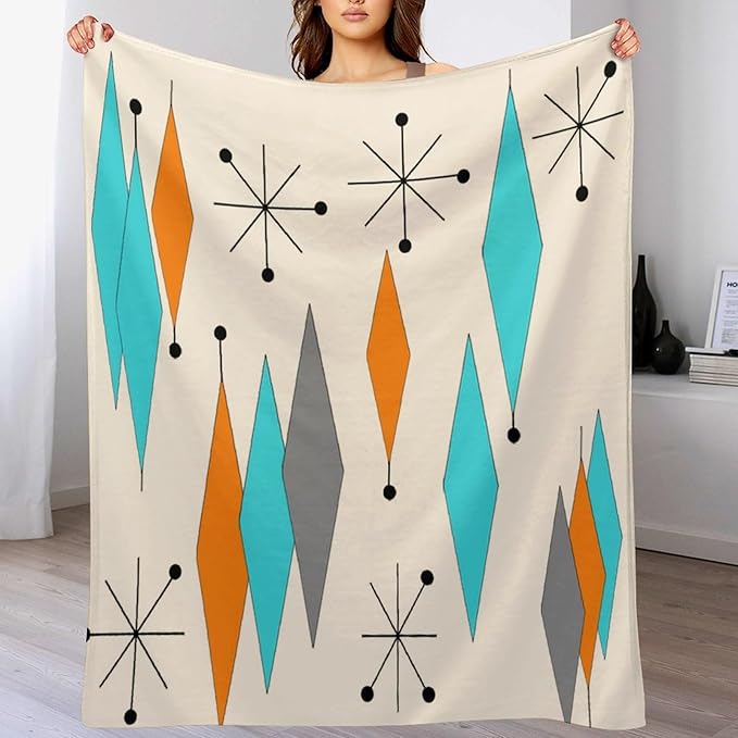 Mid Century Flannel Throw Blankets, Mid Century Modern Geometric Atomic Shapes Orange Retro Style Boho Print Blanket for Bed Couch Sofa Fuzzy Tv Throws 60"x80"