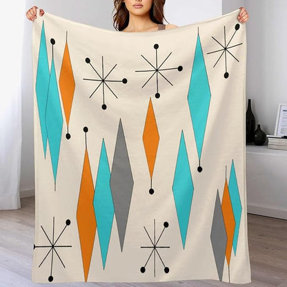 Mid Century Flannel Throw Blankets, Mid Century Modern Geometric Atomic Shapes Orange Retro Style Boho Print Blanket for Bed Couch Sofa Fuzzy Tv Throws 60"x80"