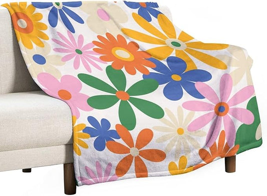 70s Retro Flower Throw Blanket, 60s Vintage Groovy Daisy Flowers Boho Hippie Bright Colorful Floral Print Blanket for Couch Chair Sofa Bed Dorm Bedroom Home 40"x50"