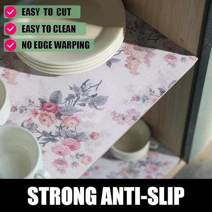 Drawer and Shelf Liner for Cabinets, 12IN x 20FT Non-Adhesive and Strong Non-Slip Vintage Floral Shelf Cabinet Drawer Liners for Kitchen,Table,Bookshelves,Waterproof Cupboard Liners