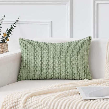 Kevin Textile 12x24 Inch Pillow Cover 1 Pack Boho Decorative Soft Striped Corduroy Lumbar Farmhouse Solid Color Accent Rectangle Cushion Case for Living Room Couch Sofa Bed, Sage Green