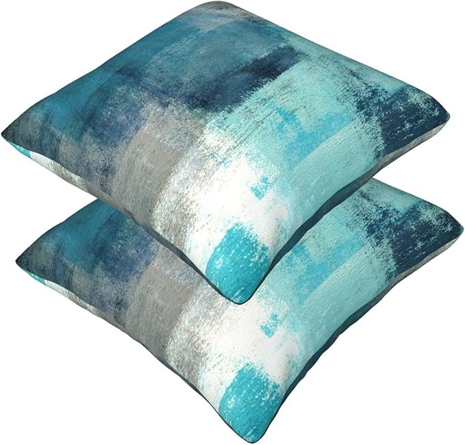 bassyil Teal Grey Abstract Art Painting Throw Pillow Covers Decorative Linen Pillow Cases Set of 2 Square Cushion Cover for Couch Sofa Bedroom 18x18 Inch