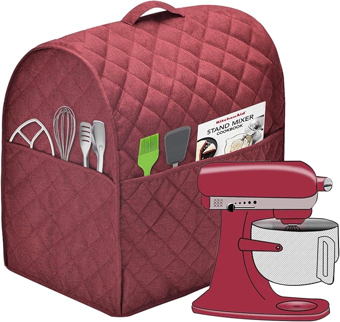 Stand Mixer Dust Cover with 3 Pockets Compatible with KitchenAid Tilt Head, Easy Cleaning,Waterproof,Can Ironable (Red Wine, Fits for 4.5-Quart and All 5-Quart)