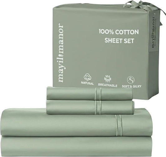 100% Natural Cotton Sheets Queen Size Bed Set | 500 TC Single-Ply Sateen Weave | Soft, Breathable, Hypoallergenic Solid 4-Piece Bedding with Deep Pocket Fitted, Flat, Pillowcase | Sage