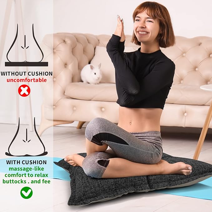SINSOSSO Large Floor Pillow 22", Thickened Bite-Size Memory Foam Square Non-Slip Cushion for Office Back Support/Indoor Yoga/Chair Seat, Fashionable Color-Blocked Fabric & Washable, White-Gray, 1 PCS